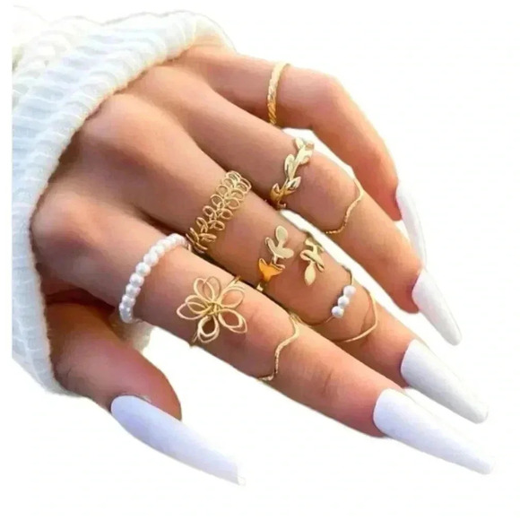 Flower Leaf Faux Pearl Ring Set - Picture 1 of 5
